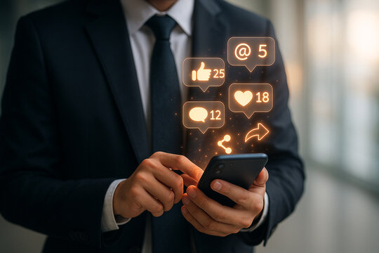 A businessman using a smartphone with social media icons floating above the device interface shown clearly