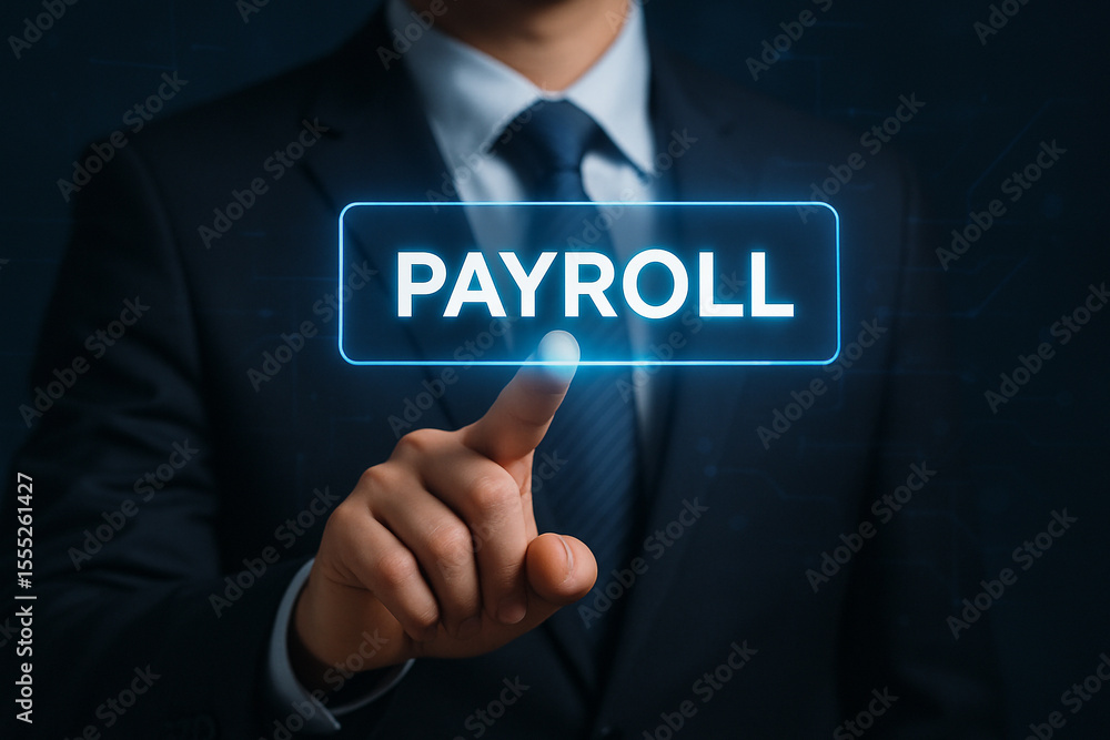 Poster a man in a suit pointing at a glowing payroll button on a screen interface in a dark setting