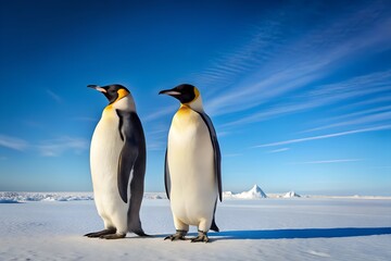 Obraz premium Create a heartwarming and visually rich scene based on an image of an adult Emperor Penguin leading a group of five fluffy chicks across the icy Antarctic landscape. 