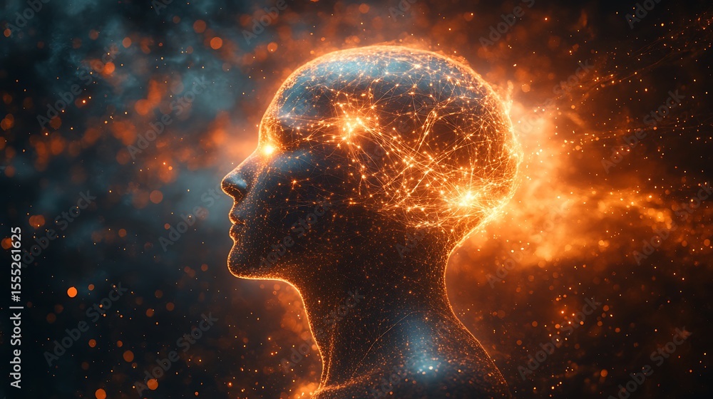 Poster human head with glowing neural network exploring artificial intelligence and consciousness connectio