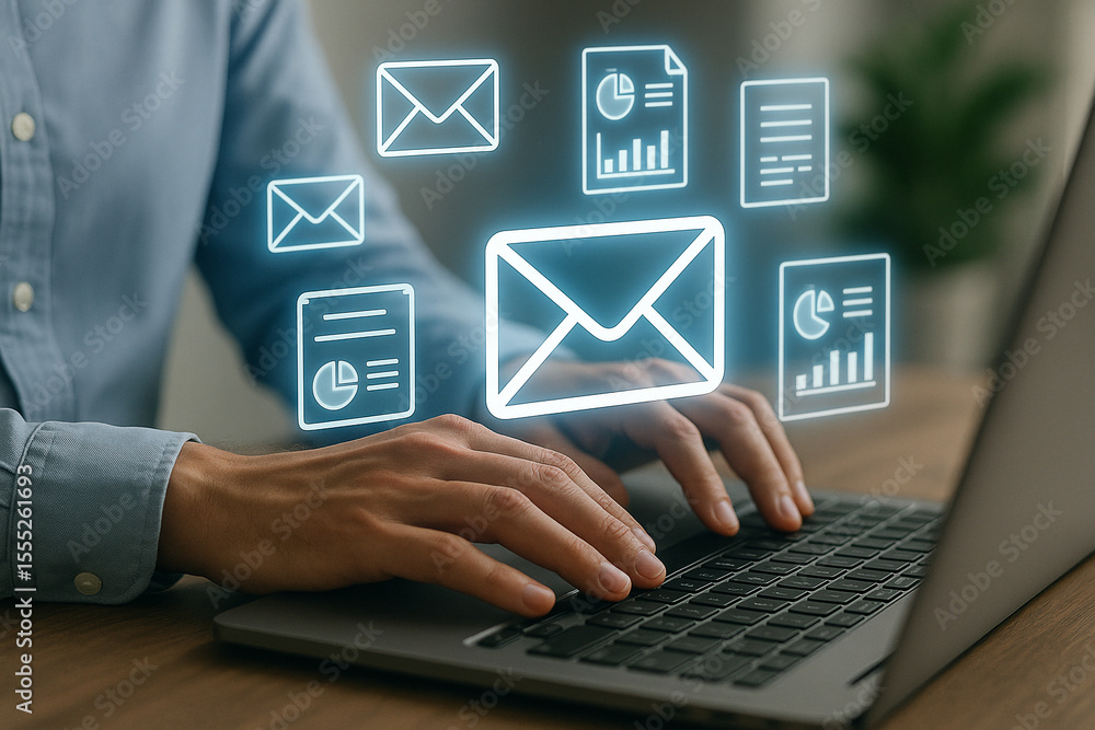 Aufkleber person typing on a laptop with email and document icons floating above the keyboard on a desk