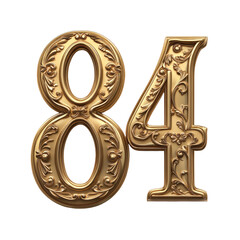 Golden Ornate Number Eighty-Four Isolated on Transparent Background with Floral Detailing Suitable for Design