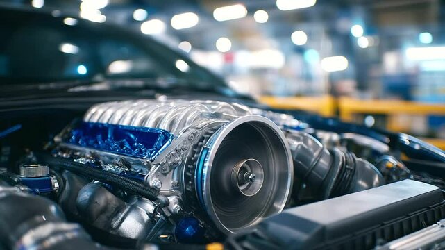 Car engine close-up with visible turbocharger fins spinning, metal pistons within the cylinders, connected hoses and alternator, highlighting advanced automotive technology and ser