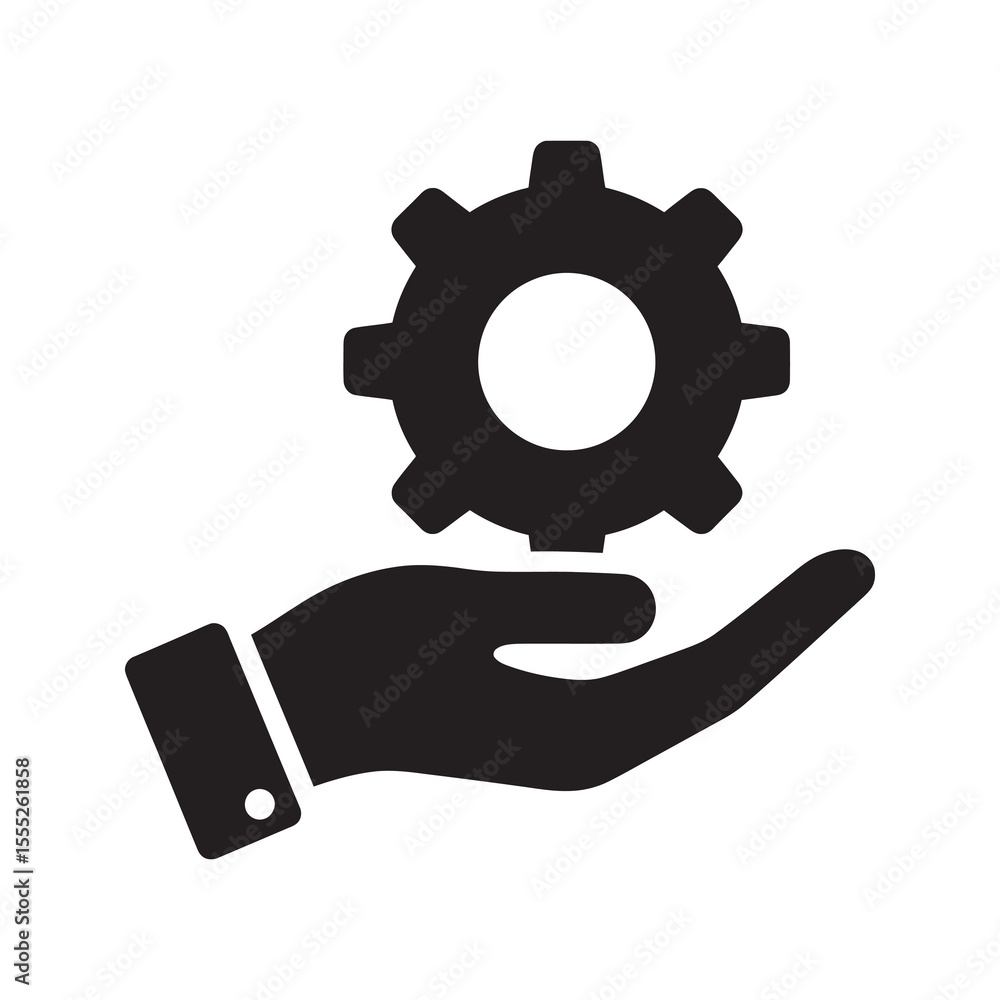 Poster service management icon with hand holding a gear for technical support and solution development a sy