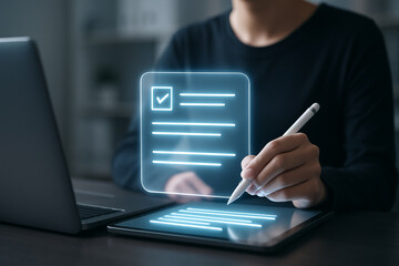 Person using a stylus on a tablet with a digital form and laptop in the background on a desk