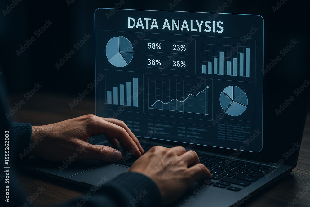 Poster person using laptop displaying data analysis graphs and charts for business intelligence review