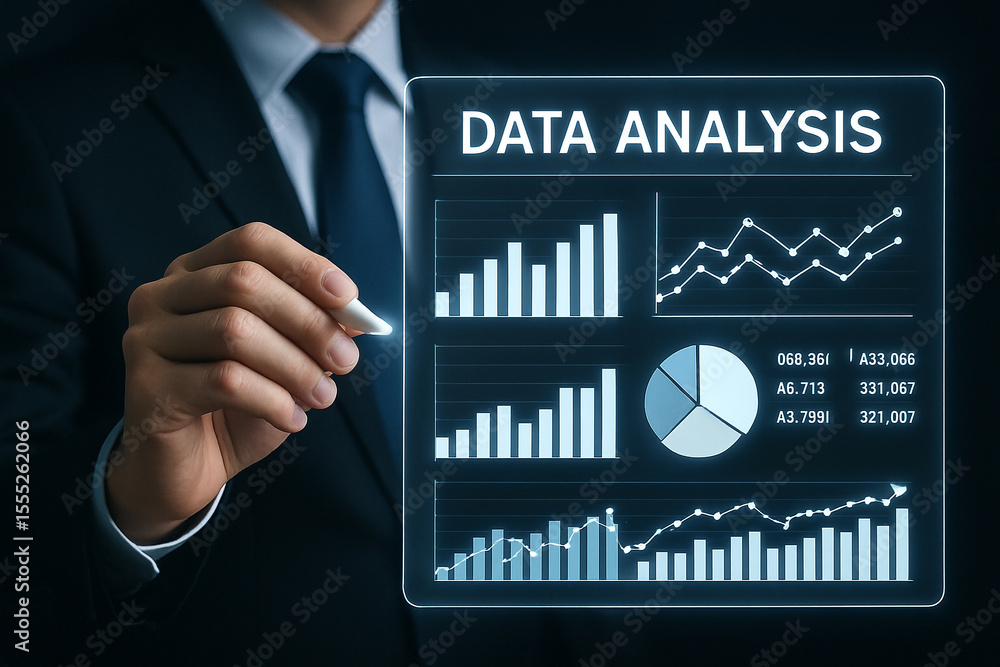 Poster a businessman analyzing data on a digital screen with charts and graphs in a dark environment