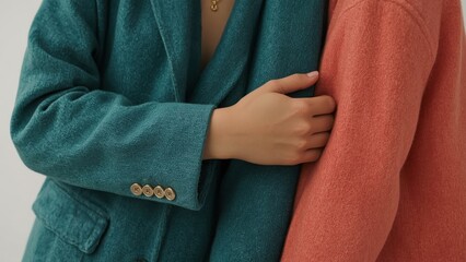 Close embrace. Diverse women. Stylish coats. Warm colors. Casual fashion. Friendship bond. Autumn mood. Cozy moment. Trust gesture. Lifestyle photo. Relationship concept. Intimacy feeling. Body langu