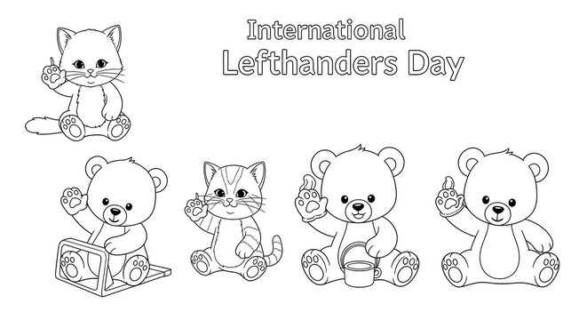Cute cartoon cats and bears celebrating international left handers day isolated on transparent background