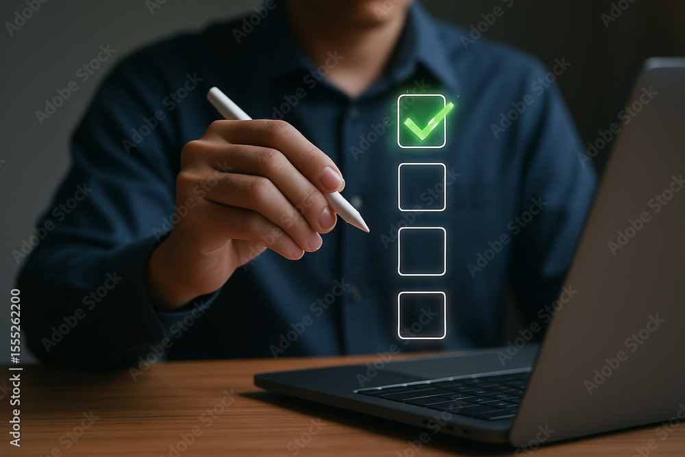 Poster person using digital pen to check a box on a digital checklist displayed on a laptop screen at a des