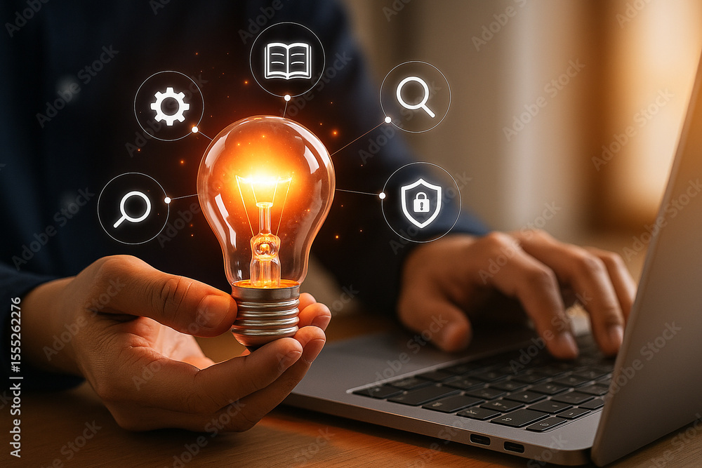 Poster person holding lightbulb with icons while typing on a laptop keyboard in a blurred background