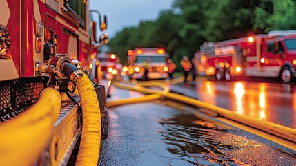 Fire hoses and emergency vehicles on a wet roadway.