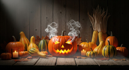 Halloween jackolantern with pumpkins corn and candles on wood table