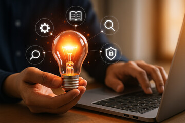 Person holding lightbulb with icons while typing on a laptop keyboard in a blurred background