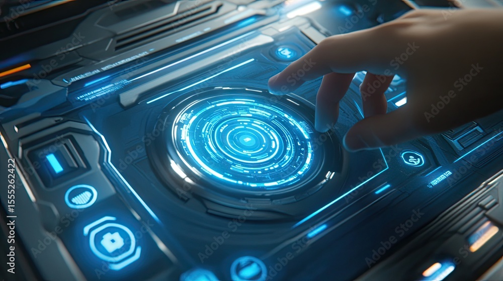 Poster close-up of a futuristic control panel with a hand interacting with a circular interface.