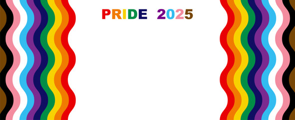 Pride 2025 Rainbow Flag LGBTQIA+ Wavy Banner. Equality, Inclusivity. Gay Pride template with LGBT Flag sign. Pride Month. Colorful design element frame border vector background