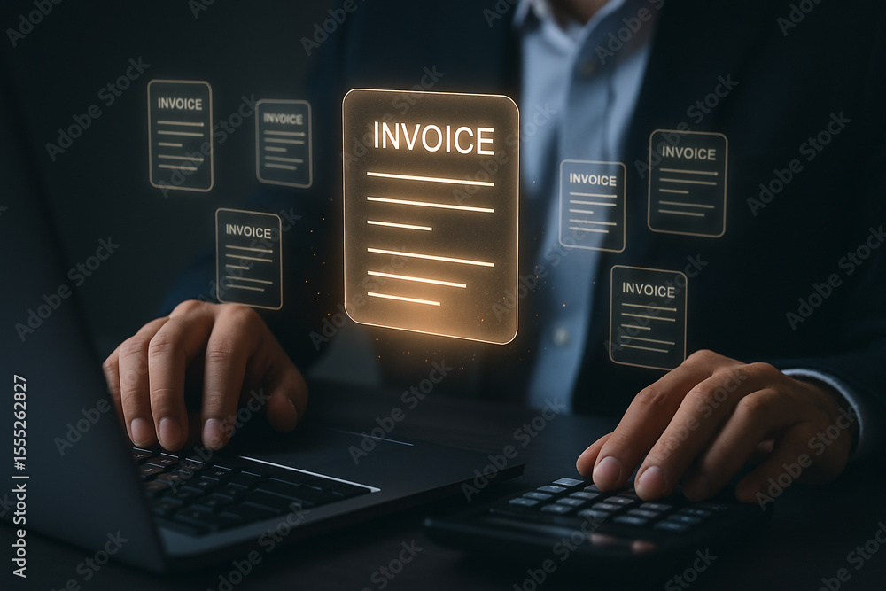 Poster person using laptop and calculator with invoice icons floating in the foreground of the image