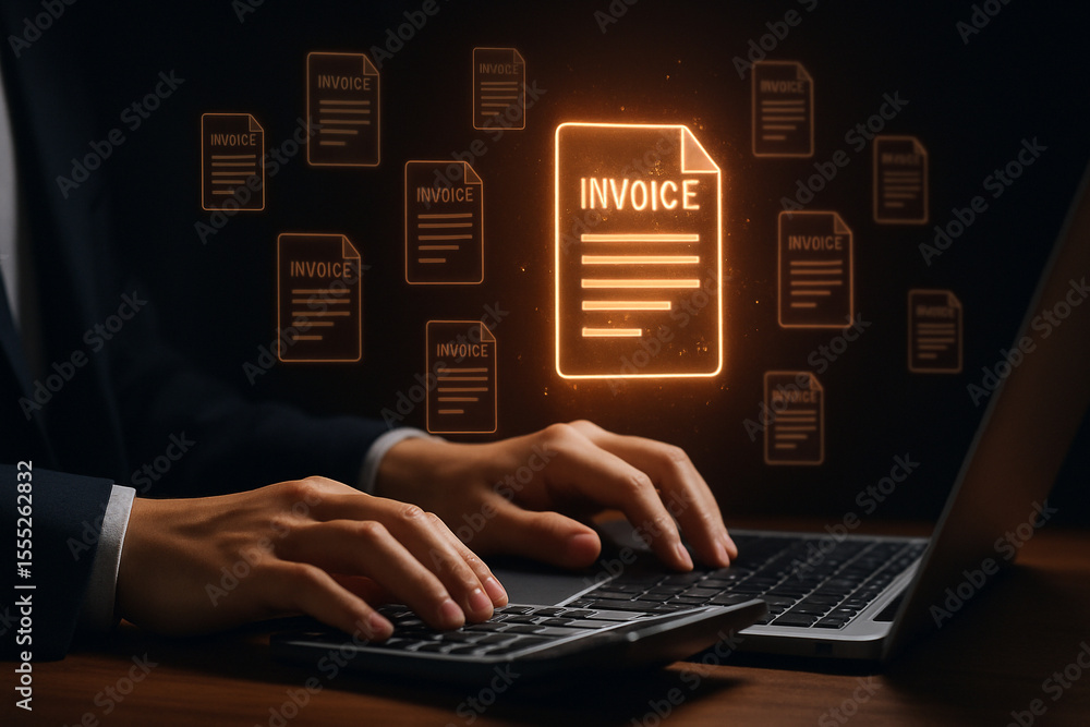 Aufkleber person typing on laptop with glowing invoice document icons floating in the background in dark setti
