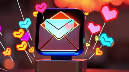 A digital envelope icon with colorful heart notifications. The scene represents online communication and social media engagement.