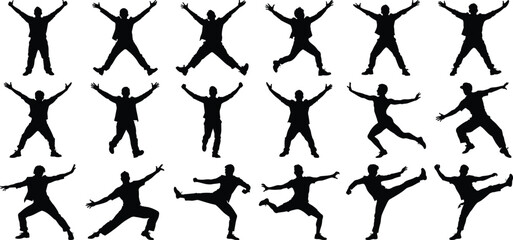 Dynamic silhouettes showcase diverse human poses and actions in expressive movement on a crisp white backdrop.