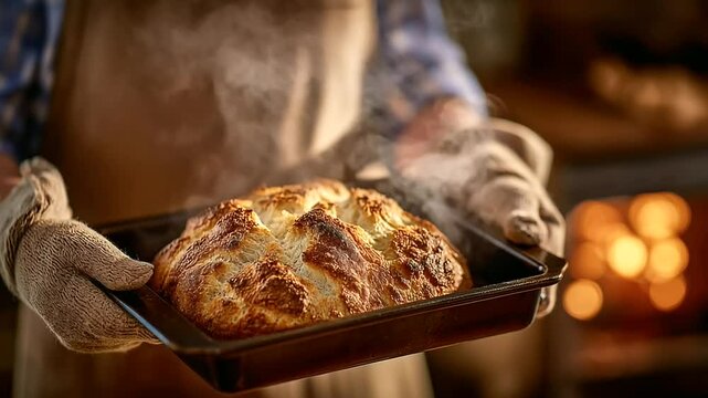 Close-up of freshly baked bread emerging from the oven, its crust perfectly golden, steam rising in dramatic wisps. The baker&rsquo;s hands, wrapped in protective mitts, cradle the hot t