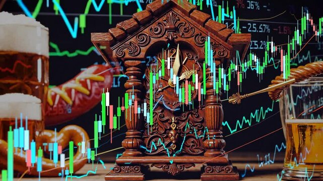 German stock market, which is depicted as a combination of typical German features and a stock chart
