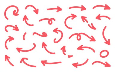 Collection of pink doodle arrows indicates directions and movement on a white backdrop ideal for design projects.