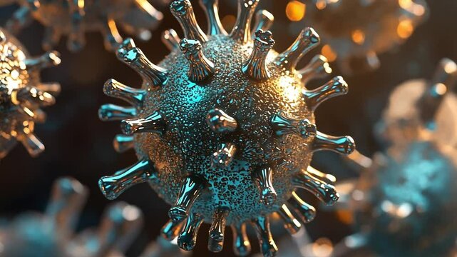 Close-up of a virus structure with detailed spikes and a textured surface. The image highlights the intricate design of viral particles under a microscope. - Powered by Adobe