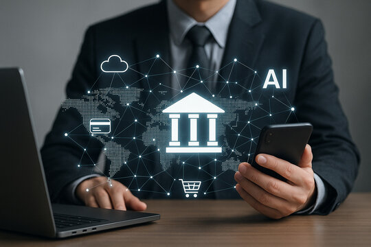 Businessman using smartphone with ai financial technology overlaying world map and bank icon