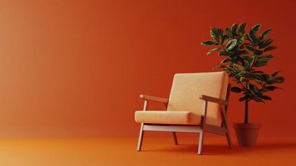 Orange room with chair and plant. Minimalist design