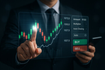 Obraz premium Man in suit interacting with a digital stock market interface with buy and sell options visible