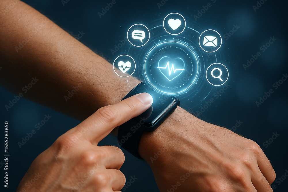 Poster person using a smart watch with health and communication icons displayed on the screen interface