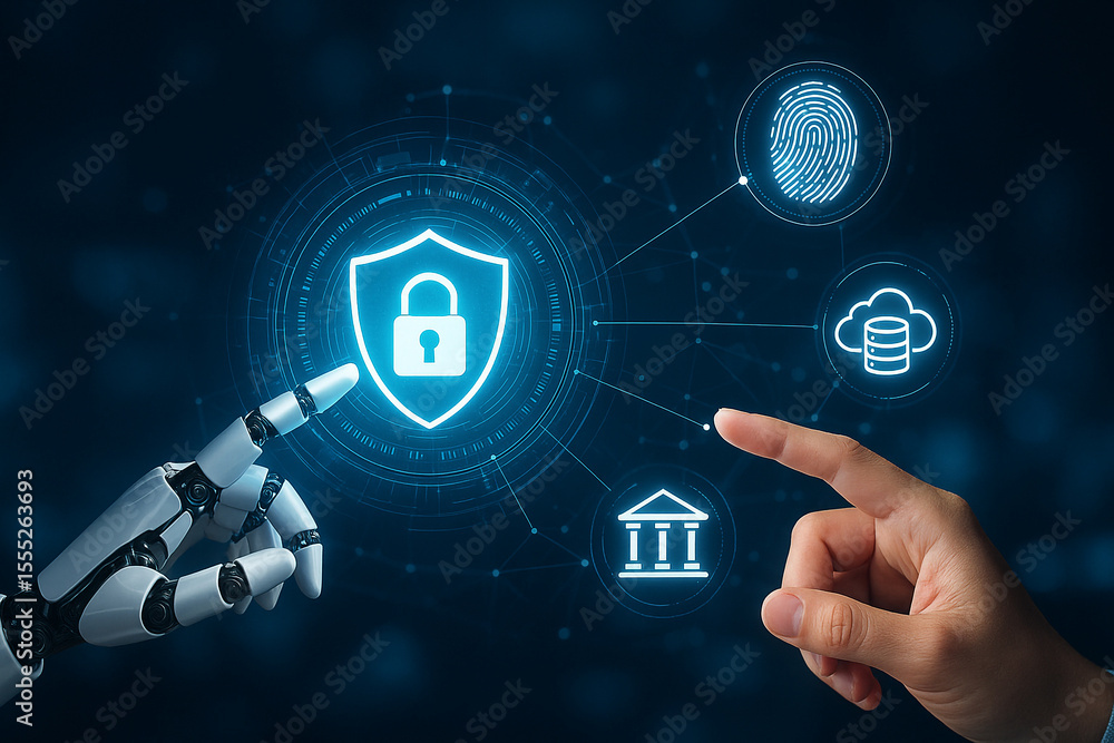 Poster artificial intelligence and human hands interact with security icons on a dark blue background