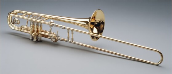 Obraz premium A gleaming brass trombone lies on a smooth surface, reflecting studio lights and showcasing its elegant curves.