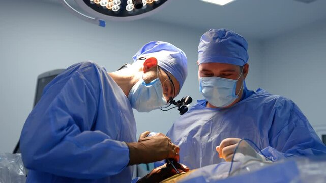 Surgeon in blue uniform in surgical loupes applies medical tool device. Low angle view at two professional neurosurgeons performing brain surgery.