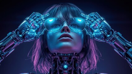 Futuristic woman cyborg with glowing blue eyes and robotic hands adjusting glasses, neon lights, cyberpunk style, dark background, technology, artificial intelligence concept