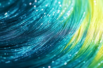 Obraz premium Abstract macro shot of shimmering teal and lime green fibers with bokeh lights