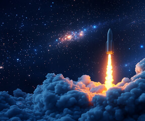 Rocket launching into the vast cosmos, surrounded by vibrant clouds and twinkling stars, showcasing the power of space exploration and human innovation in the universe