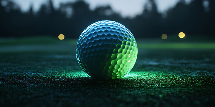 Illuminated golf ball on green course nighttime sport leisure recreation game glowing sphere precision