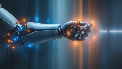Futuristic robotic hand with glowing orange lights and blue metallic surface, sleek technology concept, artificial intelligence theme, cybernetic arm close-up, digital innovation background