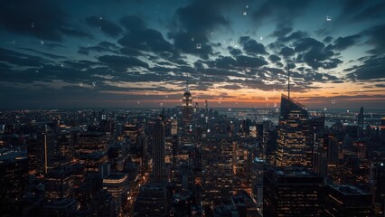 City skyline at dusk with illuminated skyscrapers, dramatic cloudy sky, vibrant sunset colors, urban landscape, metropolitan nightscape, modern buildings, panoramic view, twilight ambiance, city ligh