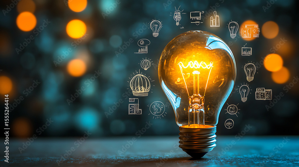 Poster illuminated light bulb with creative concept drawings symbolizing innovation and business strategies