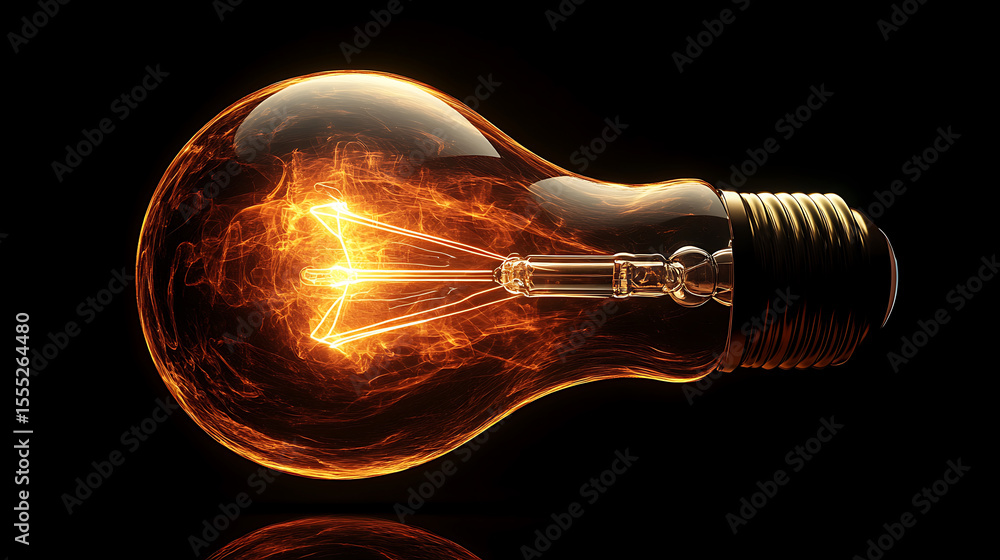 Poster illuminated light bulb with glowing filament on black background capturing concepts of creativity an