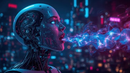 Futuristic female robot with visible mechanical parts releasing digital data stream in neon cityscape night background with blue and pink lights, technology, innovation, artificial intelligence scene