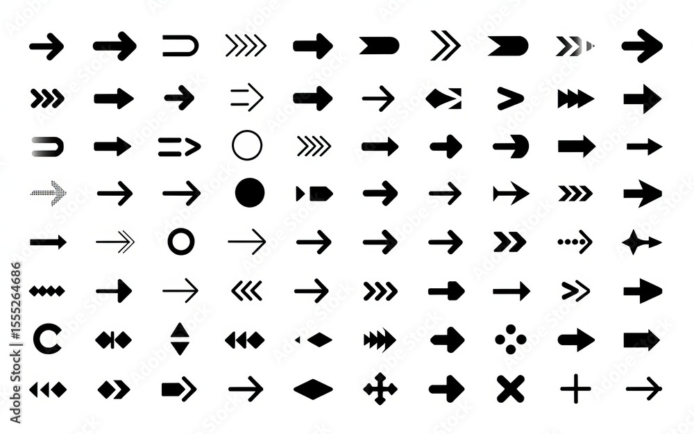 Poster black directional icons showcase a diverse collection of arrow symbols, great for graphic design and
