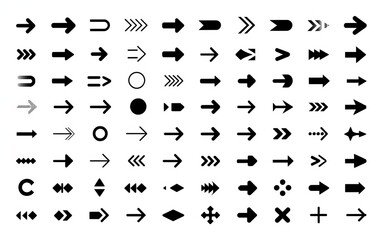 Black directional icons showcase a diverse collection of arrow symbols, great for graphic design and wayfinding projects.