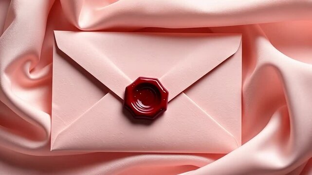 A pink envelope with a red wax seal rests on soft, silky fabric. The scene conveys elegance and sophistication, ideal for invitations or special messages.