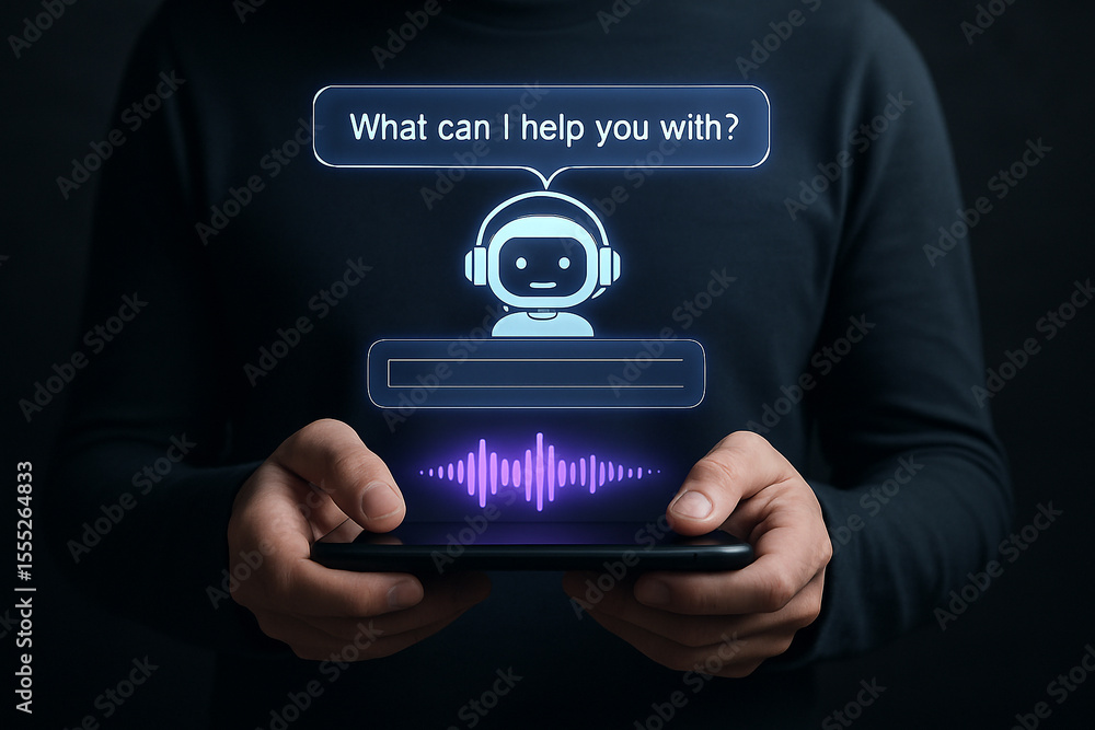 Aufkleber chatbot ai assistant on mobile phone for customer support and service technology concept design
