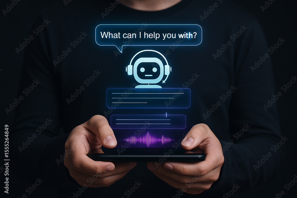 Poster ai chatbot assistant on mobile phone for customer service and virtual support technology concept