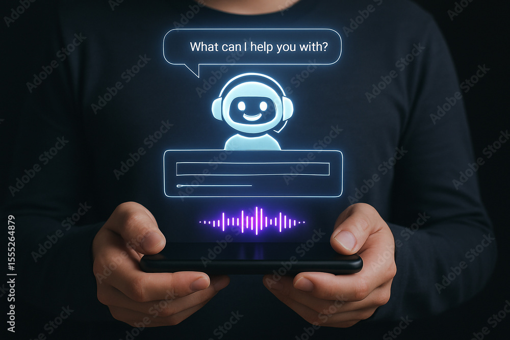 Poster chat bot ai assistant on mobile phone virtual support digital technology help and communication conc